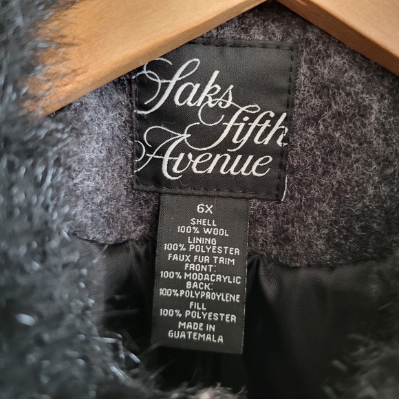 Saks Fifth Avenue Girls Dark Grey Wool Faux Fur Dressy Lined Coat Size 6x - Picture 7 of 7